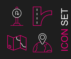 Fototapeta premium Set line Location on the globe, Folded map, Road traffic sign and Turn back road icon. Vector