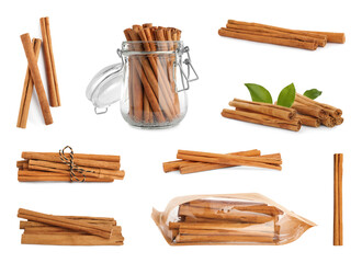 Set with aromatic dry cinnamon sticks on white background