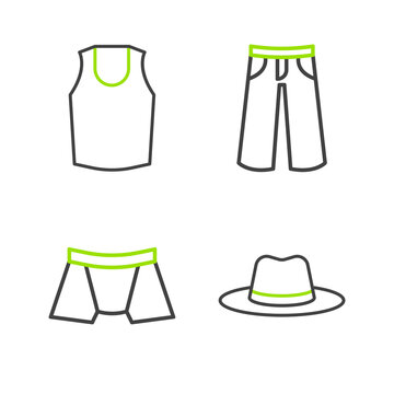 Set line Man hat, Men underpants, Pants and Undershirt icon. Vector