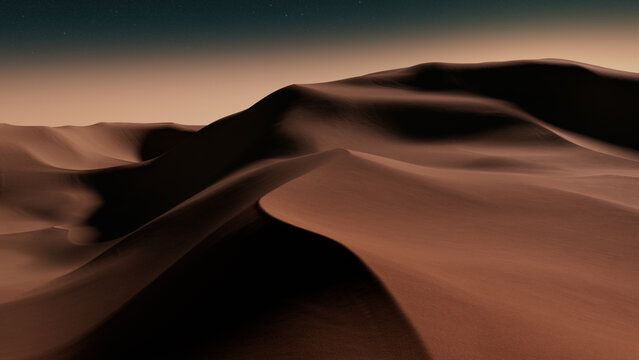 Desert Landscape with Sand Dunes and Warm Gradient Starry Sky. Scenic Contemporary Wallpaper.