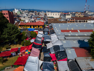 Beautiful aerial view of Chichicastenango, its amazing Church, the traditional Textil Market in Guatemala