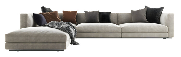 Modern gray L shape sofa and pillows transparent. Png. 3D rendering