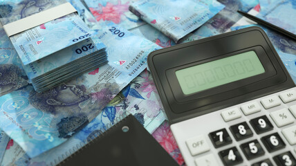 Sao Tome and Principe dobra notes spread out  with a calculator, pen and notebook. 3d rendering