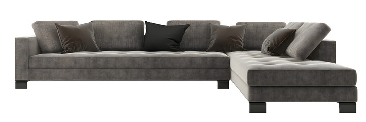 Modern dark gray L shape sofa and pillows transparent. Png. 3D rendering