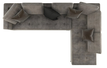 Top view modern dark gray L shape sofa and pillows transparent. Png. 3D rendering