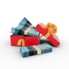 Stack of Sao Tome and Principe dobra notes inside an open red gift box. Bundles of Sao Tome and Principe dobra inside a gift box. 3d rendering of money inside box isolated on white background