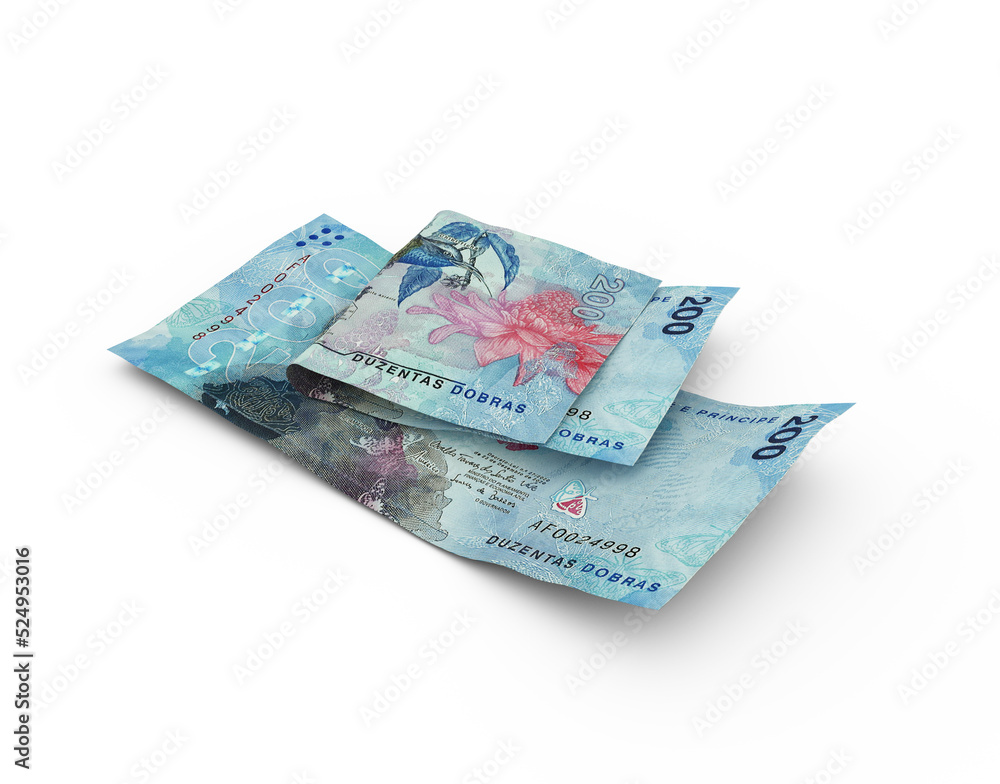 Poster 3d rendering of double sao tome and principe dobra notes isolated on white background