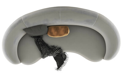 Top view gray rounded sofa and pillow transparent. Png. 3D rendering
