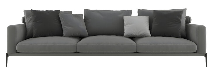 Modern gray 3 seat sofa and pillows transparent. Png. 3D rendering