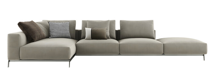 Modern gray L sofa and pillows Transparent. Png. 3D rendering