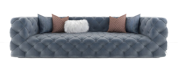 Blue classic sofa with pliiows, transparent. Png. 3D rendering
