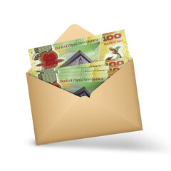 Papua New Guinean kina notes inside an open brown envelope. 3D illustration of money in an open envelope