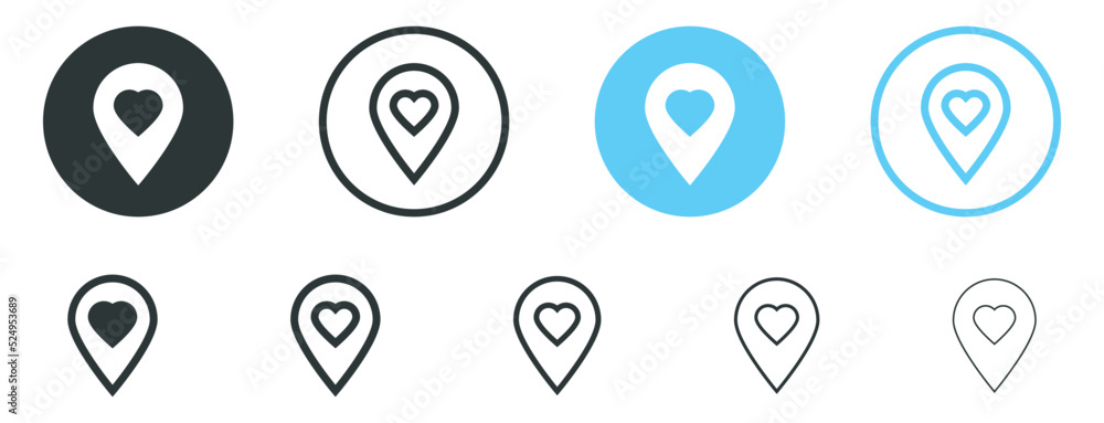 Aufkleber map location pin with heart icon, favorite place icon favourite save pointer marker icons button, love location sign symbol
