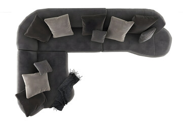 Top view modern black corner sofa and pillows,Transparent. Png. 3D rendering