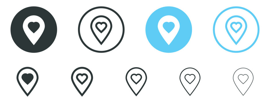 map location pin with heart icon, favorite place icon favourite save pointer marker icons button, love location sign symbol