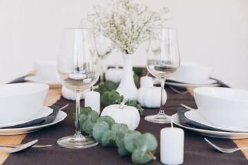 Thanksgiving table setting, tableware and decor, decoration, family holiday. Autumn mockup.