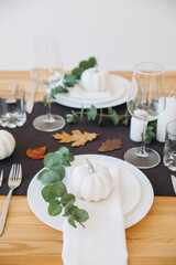 Thanksgiving table setting, tableware and decor, decoration, family holiday. Autumn mockup.