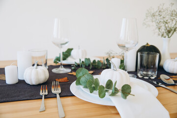 Thanksgiving table setting, tableware and decor, decoration, family holiday. Autumn mockup.