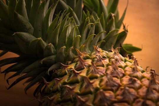 Pineapple, a sweet multiple fruit. Ananas comosus. This sample grows in Asia, Philippines. Vegan vegetarian option.