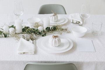 Thanksgiving table setting, tableware and decor, decoration, family holiday. Autumn mockup.