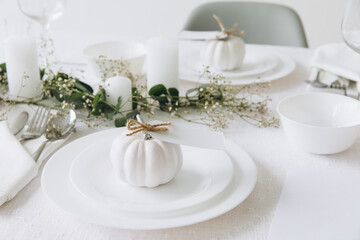 Thanksgiving table setting, tableware and decor, decoration, family holiday. Autumn mockup.