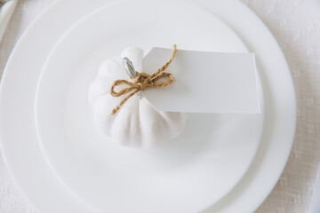 Thanksgiving table setting mockup, blank card tied to pumpkin on plate. Autumn concept.