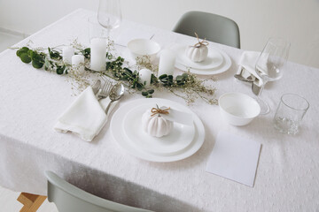 Thanksgiving table setting, tableware and decor, decoration, family holiday. Autumn mockup.