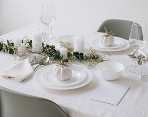 Thanksgiving table setting, tableware and decor, decoration, family holiday. Autumn mockup.