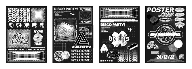 Retro futuristic posters set in concept cyberpunk with figure, abstract shapes, 3D trendy forms. Acid digital graphic design in monochrome style, minimalist posters, flyers, streetwear. Vector set
