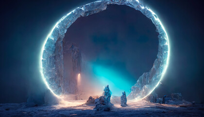 Fototapeta premium Abstract fantasy glacial winter cold neon landscape. Winter snowy landscape. Winter background, ice, Ice magic portal, light entrance. North polar relief. 3D illustration.