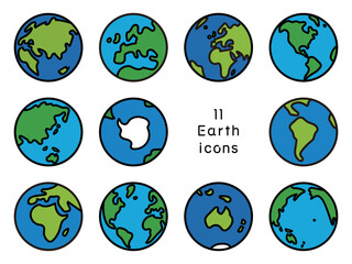 シンプルな地球のアイコンセット、単純化した線画、青い地球