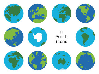 シンプルな地球のアイコンセット、単純化したフラットデザイン、青い地球