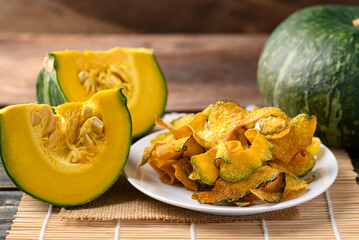 Pumpkin chips on plate, Healthy vegan snack