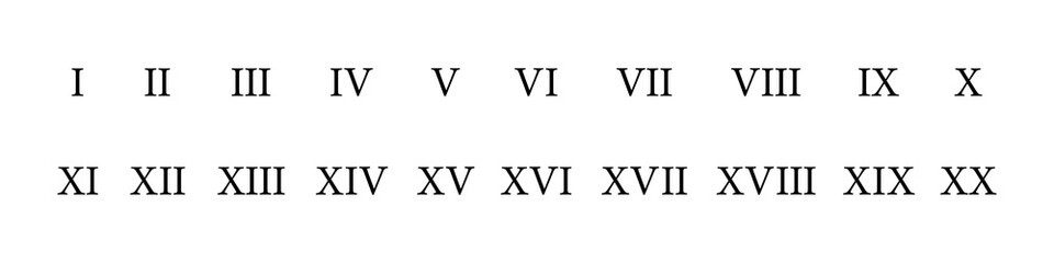 Set of roman numerals, from 1 to 20. Vector isolated on white background.