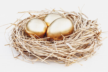 Three golden eggs in the nest on white background, copy space