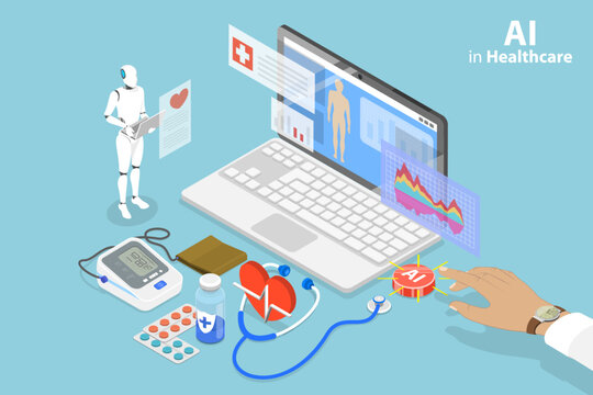 3D Isometric Flat Vector Conceptual Illustration of AI In Healthcare, Innovative Technologies for Medicine