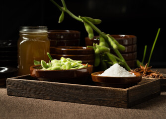 Fresh edamame on a wooden plate