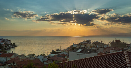Top view from village Skala Marion in Thassos island by sunset