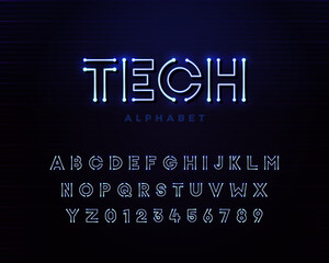 Tech vector font typeface unique design with led neon light lamps. For technology, circuits, engineering, digital , gaming, sci-fi and science subjects.