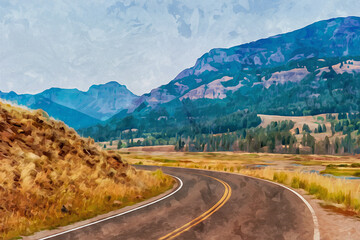 Digitally created watercolor painting of a curved paved road in Yellowstone National Park