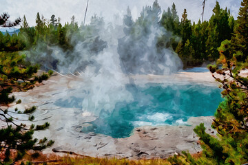 Digitally created watercolor painting of steam rising from a thermal spring in Yellowstone National Park