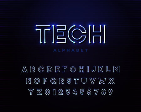 Tech vector font typeface unique design with led neon light lamps. For technology, circuits, engineering, digital , gaming, sci-fi and science subjects.