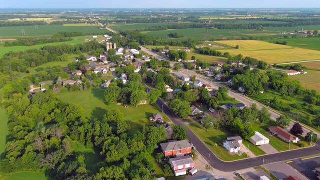 Aerial view of scenic, tranquil small rural Wisconsin town in the American Heartland.
