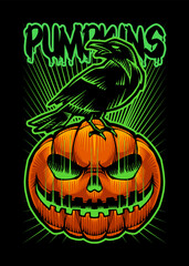 Pumpkin Monster with Crow Vector Japanese Illustration Style Isolated. Editable Layer and Color. Pumpkin Monster with Crow for Halloween Event.