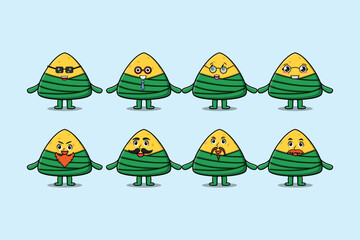 Set kawaii chinese rice dumpling cartoon character with different expressions of cartoon face vector illustrations