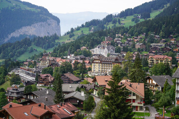 Mountain and snow scenery, trees and houses during the train ride up and down the Jungfrau...