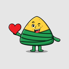 Cute cartoon chinese rice dumpling character holding big red heart in modern style design 