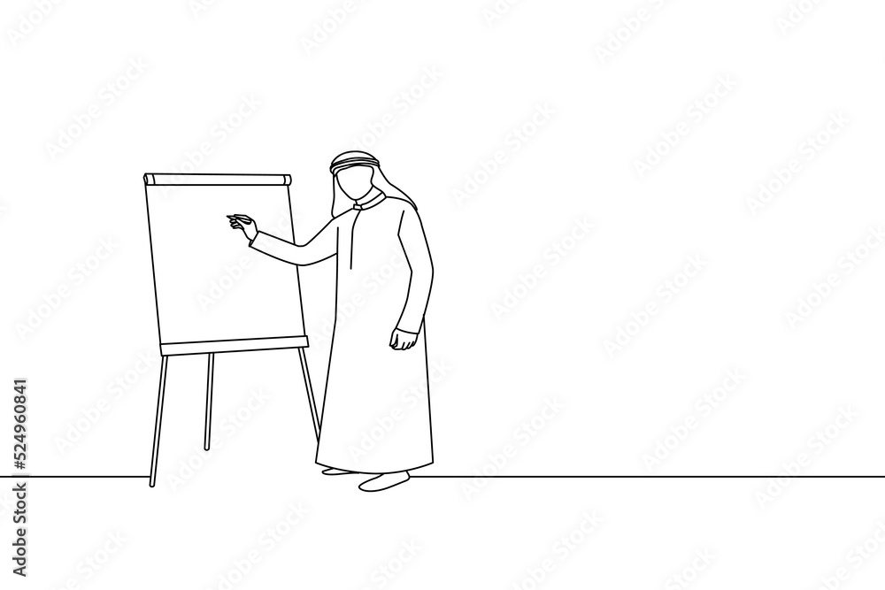 Wall mural cartoon of arab businessman giving presentatio with flipchart. line art style