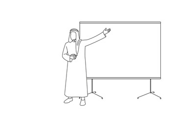 Cartoon of saudi arab man giving presentation in conference room in office. Line art style