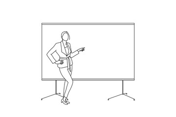 Cartoon of business woman near the whiteboard points to the copy space, showing presentation. One line art